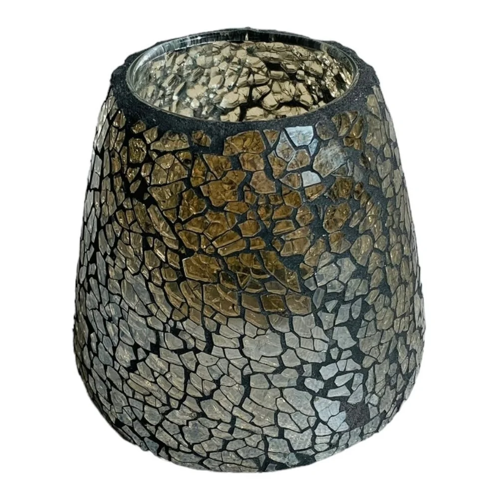 Amber Mosaic Glass Candle Holder Mirror Broken Glass 3.75
